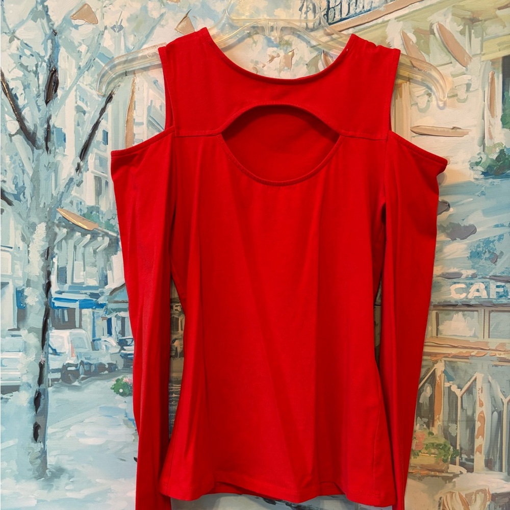 Guess Vibrant Red Cold Shoulder Peekaboo Chest Long Sleeve Top Size XS